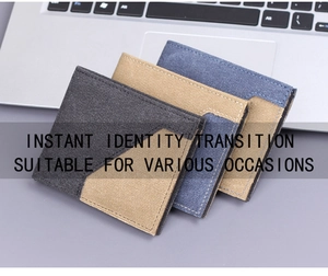 Detail of canvas bifold wallets with contrast stitching on an office desk setting
