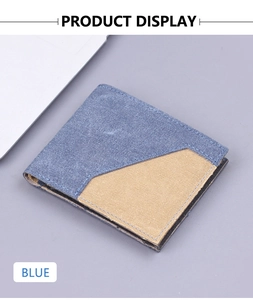Short bi-fold canvas wallet for men featuring blue and khaki contrast panel and stitching