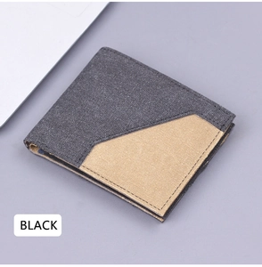 Detail of a short canvas men's wallet with bifold design and contrast color stitching