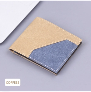 Close-up of khaki and blue canvas bifold wallet with contrast stitching and retro design