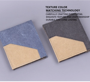 Detail of canvas bifold wallet showing coarse weave texture and reinforced stitching