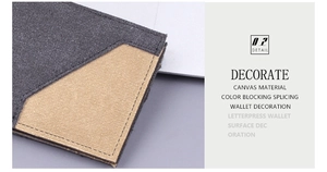 Detailed macro view of the durable canvas wallet stitching and two-tone spliced texture