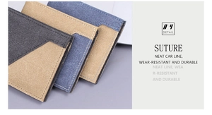 Detail view of denim canvas wallet showing diagonal color stitching and durable seams
