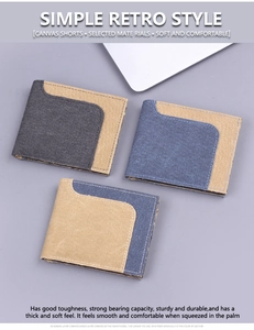 Flat lay of vintage canvas bi-fold wallets in grey, blue, and tan with contrast stitching