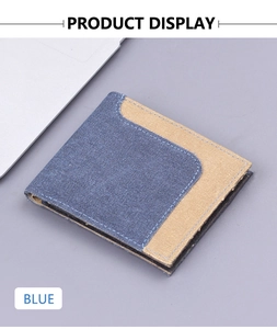 Detail showing the blue canvas men's bifold wallet with durable stitching and khaki trim
