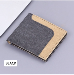 Detail of slim men's bi-fold canvas wallet with heavy-duty stitching and fabric texture