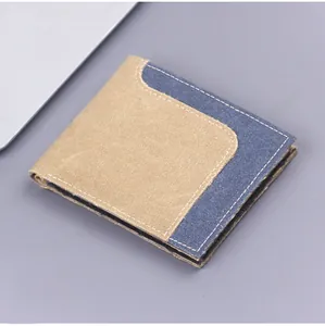 Close-up of khaki and denim blue canvas bifold wallet with contrast white stitching