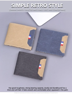 Three retro canvas wallets in khaki, blue, and grey with tricolor ribbon and fine stitching