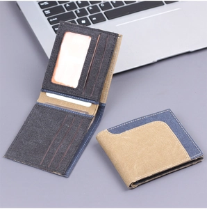 Slim canvas men's wallet with multi-card slots and a clear ID window in lifestyle setting