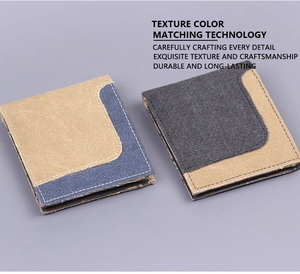 Detail view of multi-color canvas bi-fold wallets featuring durable stitching and contrast tones