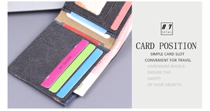 Detail of short canvas wallet with multi-card slots and bank note storage compartments