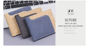 Detail showing neat car line stitching and durable wear-resistant canvas on men's wallets