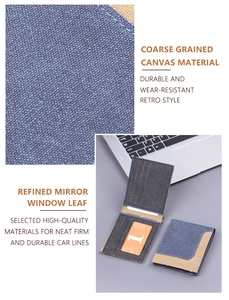 Macro detail of bicolour canvas wallet showing mirror window and fine stitching texture