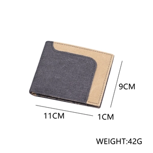 Slim canvas bifold wallet for men in grey and beige with size and weight markers
