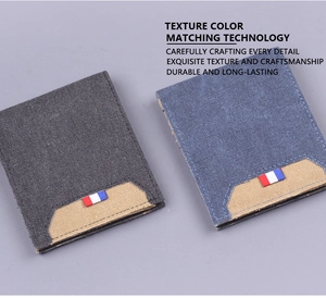Detail of slim canvas men's wallets showing texture and stitching in blue and grey