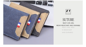 Detail view of durable canvas bifold wallets with neat stitching and stylish woven labels