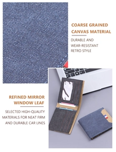Close-up of durable coarse grained canvas and neat stitching detail on men's wallet