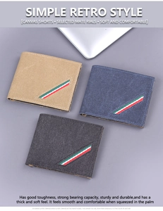 Trois portefeuilles en toile kaki, marine et gris avec ruban rayé sur fond sombre