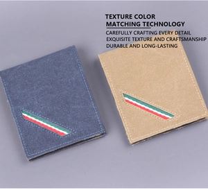 Détail de porte-cartes en toile vintage avec bords cousus et sangle rayée diagonale