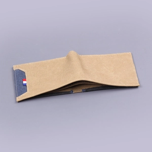 Slim canvas bifold wallet for men in khaki and navy blue with contrast stripe detail