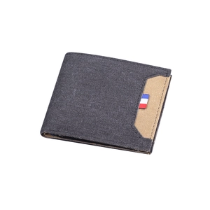 Slim bifold men's canvas wallet in dark grey and khaki with stripe detail shown at 45-degree