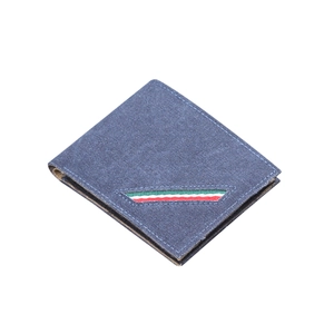 Portefeuille bifold en toile bleue pour hommes avec texture denim et ruban tricolore
