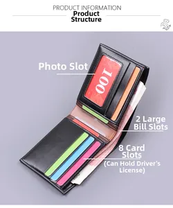 Detail of black leather bifold wallet showing 8 card slots and 2 large cash compartments