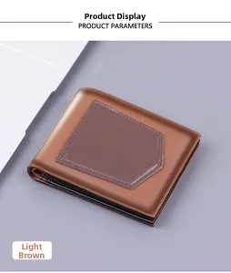 Macro shot of light brown leather bifold wallet with contrast stitching on gray background