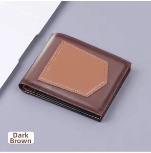 Detail of bifold wallet with dark brown contrast stitching and functional card pocket