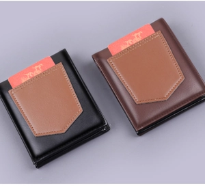 Detail of bifold wallets showing front card slots in black and dark brown leather