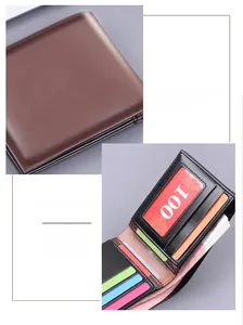 Detail of dark brown leather bifold wallet showing card slots and transparent photo window