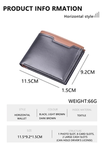Detail view showing compact men's bi-fold wallet dimensions 11.5x9.2cm and 66g weight