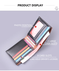 Detailed view of short bifold wallet interior showing 8 card slots and photo window