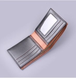 Interior detail of short bifold wallet with nine card slots and clear ID window
