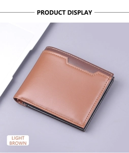 Top view of two-tone light brown leather men's bifold wallet with contrast stitching