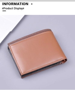 Detail view of bi-fold men's leather wallet with two-tone brown stitching and card slots