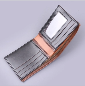 Internal layout of men's short bi-fold wallet featuring nine card slots and clear ID window