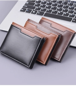 Three color options of slim bifold men's wallets in black, light and dark brown leather