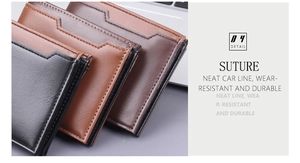 Detail of durable short leather wallets for men with neat contrast stitching and texture
