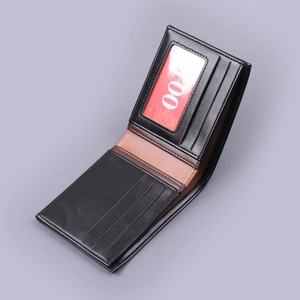 Men's bifold synthetic leather wallet in black and brown with multiple card slots