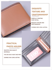 Detail of men's short wallet showing multiple card slots and clear photo ID window