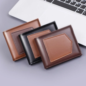 Short bifold men's wallet in black and brown matte leather with pentagonal stitch detail