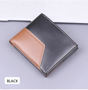 Détail du portefeuille bicolore pour homme avec cuir noir, marron et coutures jaunes
