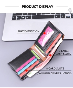Detailed view of black and brown bi-fold men's leather wallet with multiple card slots