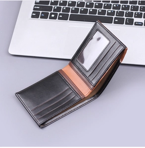 Detail view showing multi-card slots and ID window of this men's bifold wallet