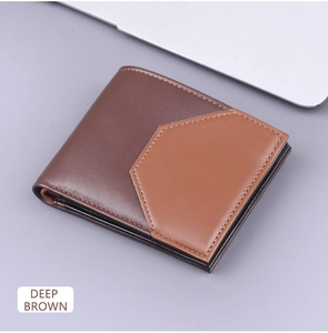 Detail of deep brown bi-fold men's leather wallet with precise contrast stitching