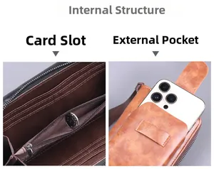 Detailed view of leather wallet with multiple card slots and smartphone pocket