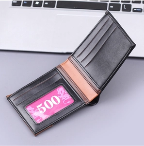 Detail of bifold men's wallet with multi-card slots and transparent ID window