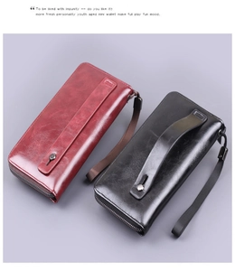 Top view of premium PU leather long wallets in black and burgundy with wrist straps