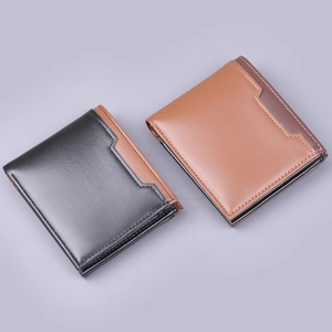 Short bifold men's wallet featuring a two-tone leather stitch design and multiple card slots